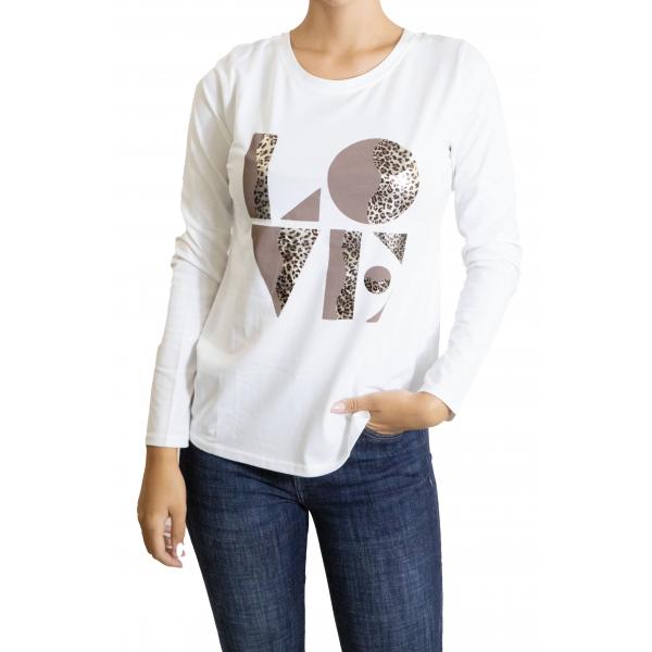 t shirt manica lunga con stampa love leopardata